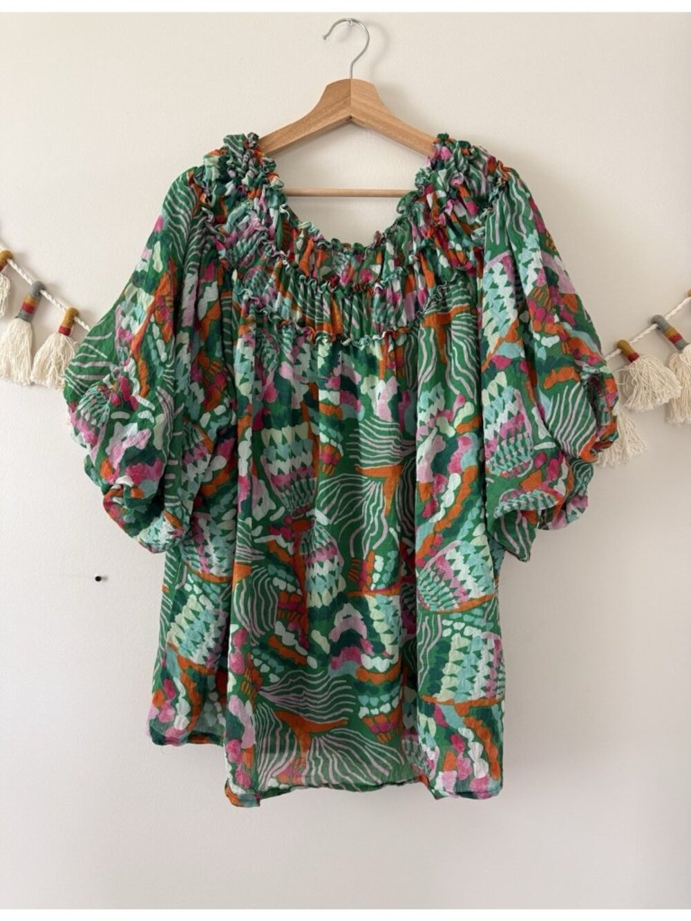 Shop The Mint Go For It Green Abstract Tropical Floral Blouson Top Feminine XL